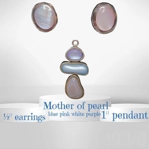 Vtg Tri Color Mother of Pearl Pendant & Earrings 925 Silver Pink Purple Blu Whit